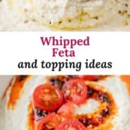 Whipped feta Pinterest graphic with text and photos.