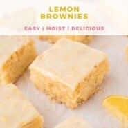 Lemon brownies Pinterest graphic with text and photos.