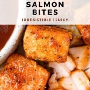 Air fryer salmon bites Pinterest graphic with text and photos.