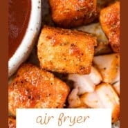 Air fryer salmon bites Pinterest graphic with text and photos.