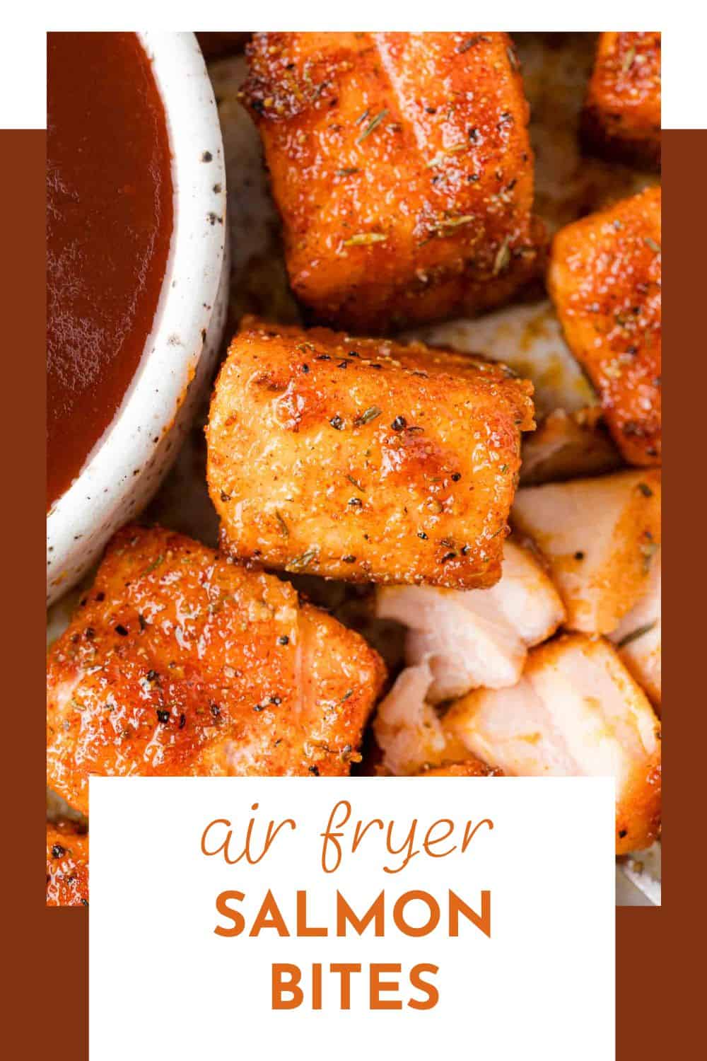 Air fryer salmon bites Pinterest graphic with text and photos.