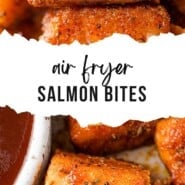 Air fryer salmon bites Pinterest graphic with text and photos.
