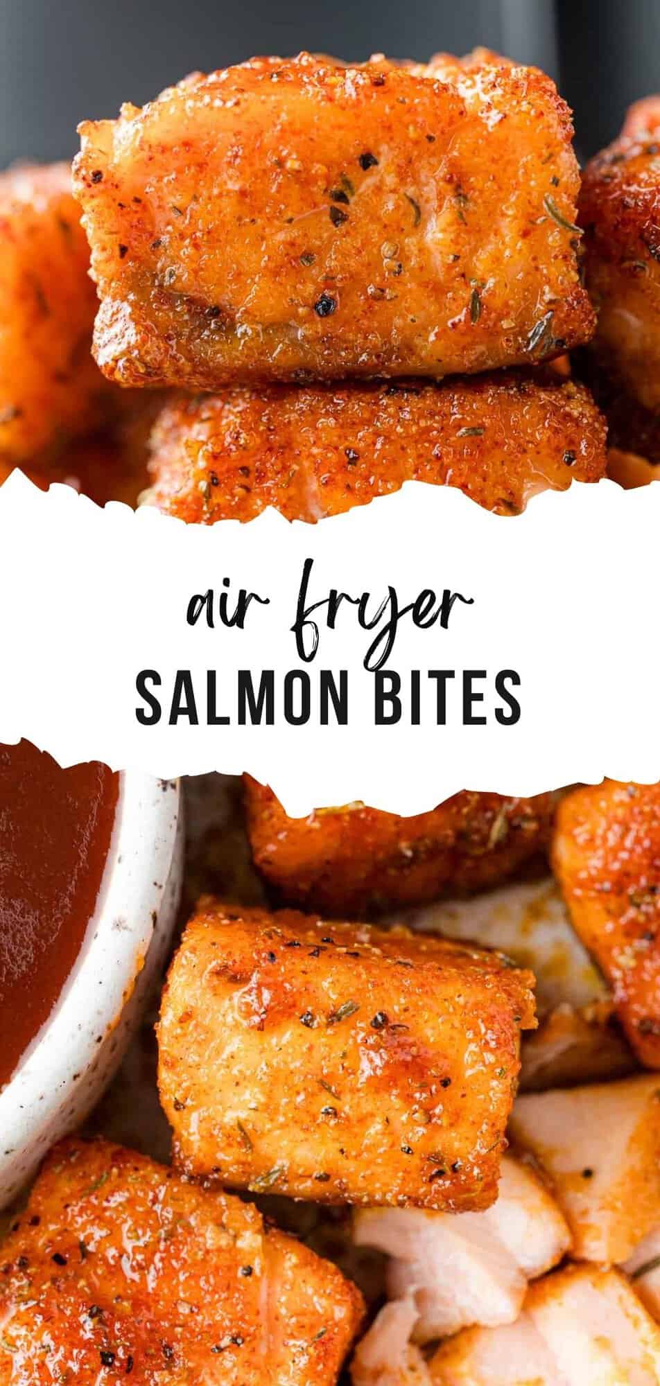 Air fryer salmon bites Pinterest graphic with text and photos.