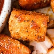 Air fryer salmon bites Pinterest graphic with text and photos.