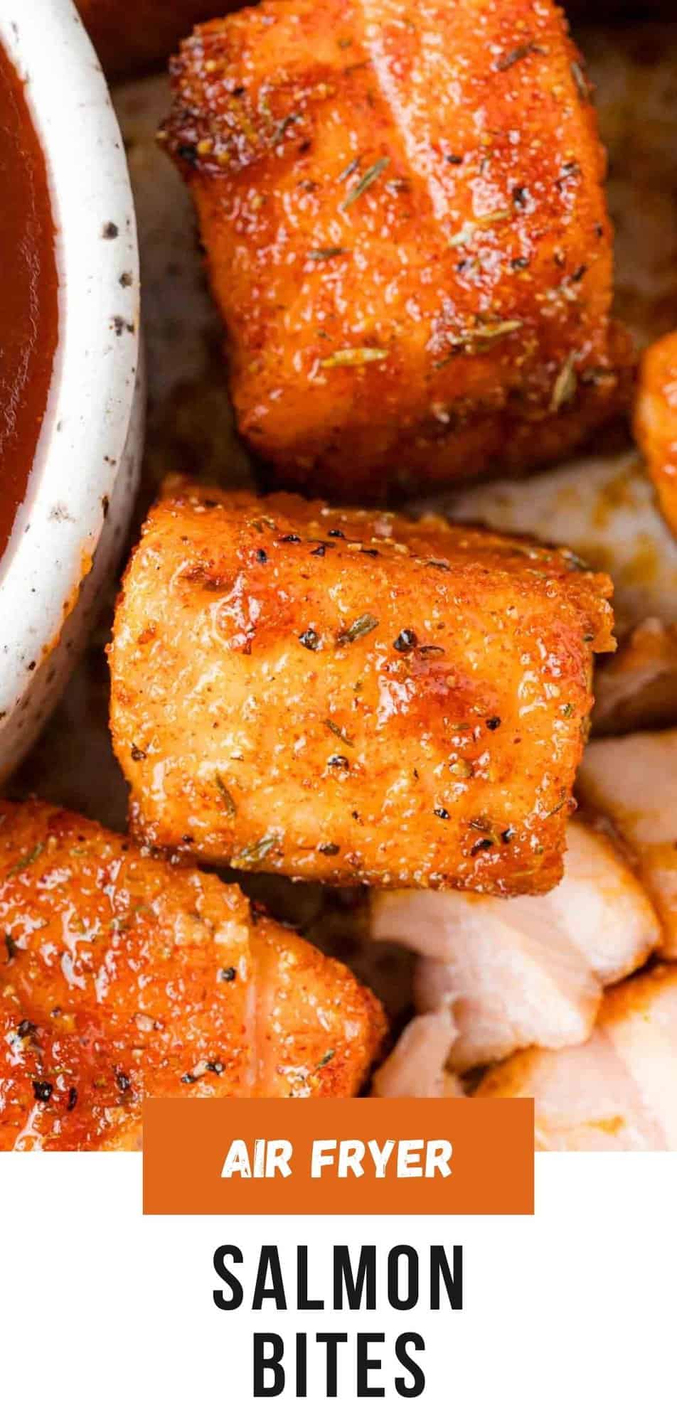 Air fryer salmon bites Pinterest graphic with text and photos.