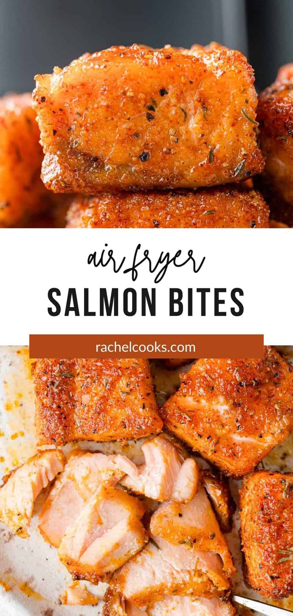 Air fryer salmon bites Pinterest graphic with text and photos.