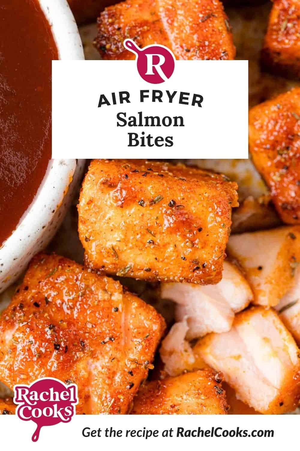 Air fryer salmon bites Pinterest graphic with text and photos.