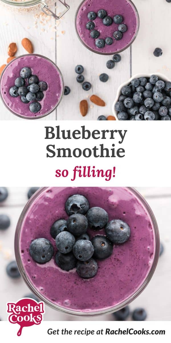Blueberry smoothie Pinterest graphic with text and photos.