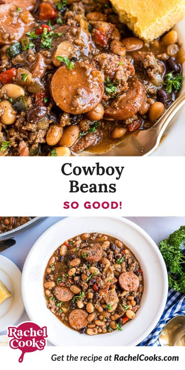 Cowboy beans Pinterest graphic with text and photos.