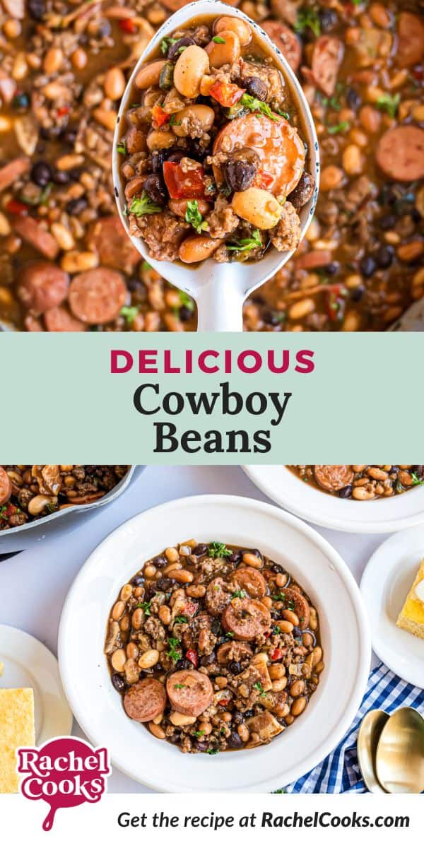 Cowboy beans Pinterest graphic with text and photos.