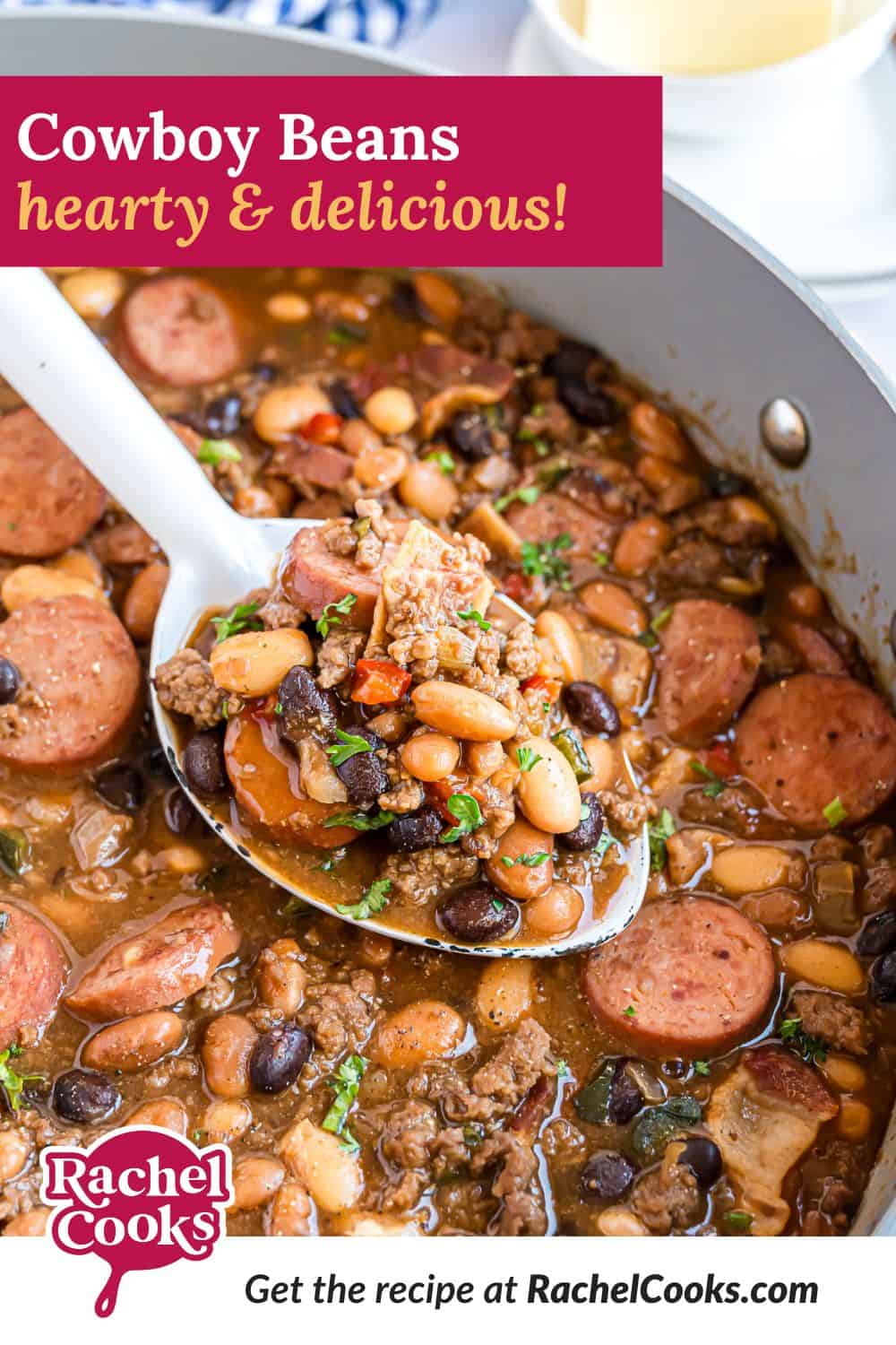 Cowboy beans Pinterest graphic with text and photos.