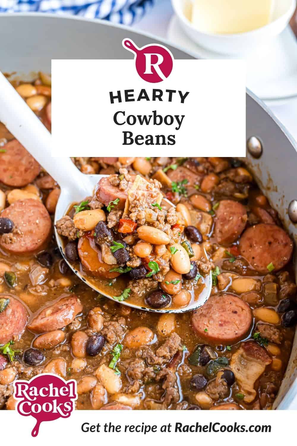 Cowboy beans Pinterest graphic with text and photos.