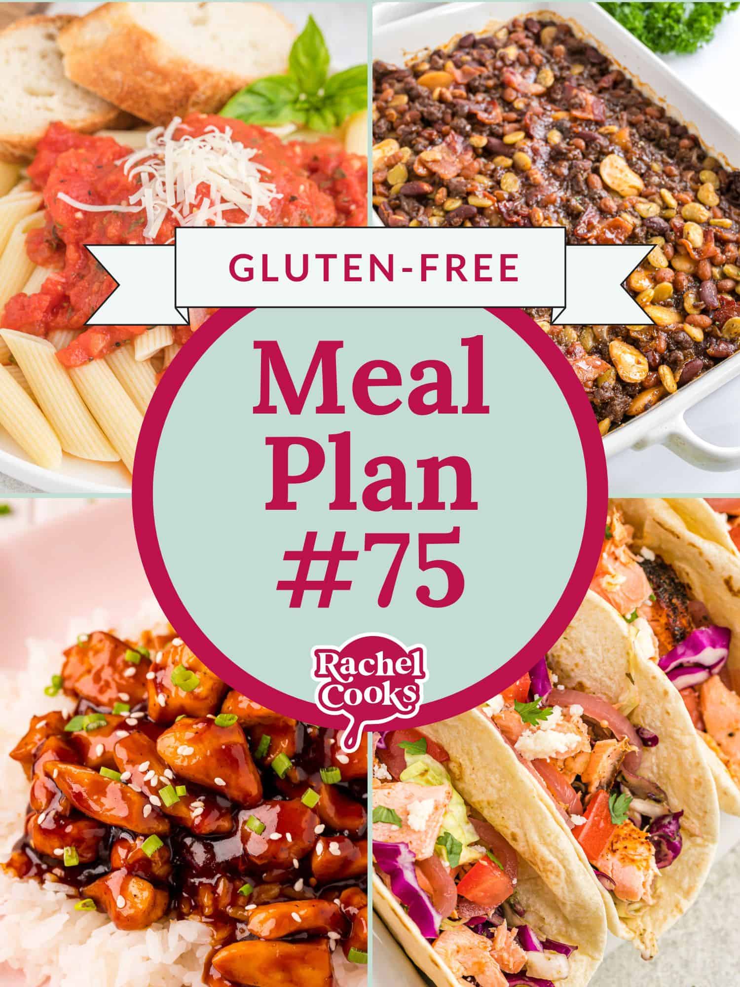 Meal plan 75, labeled gluten-free, preview image with text and photos.
