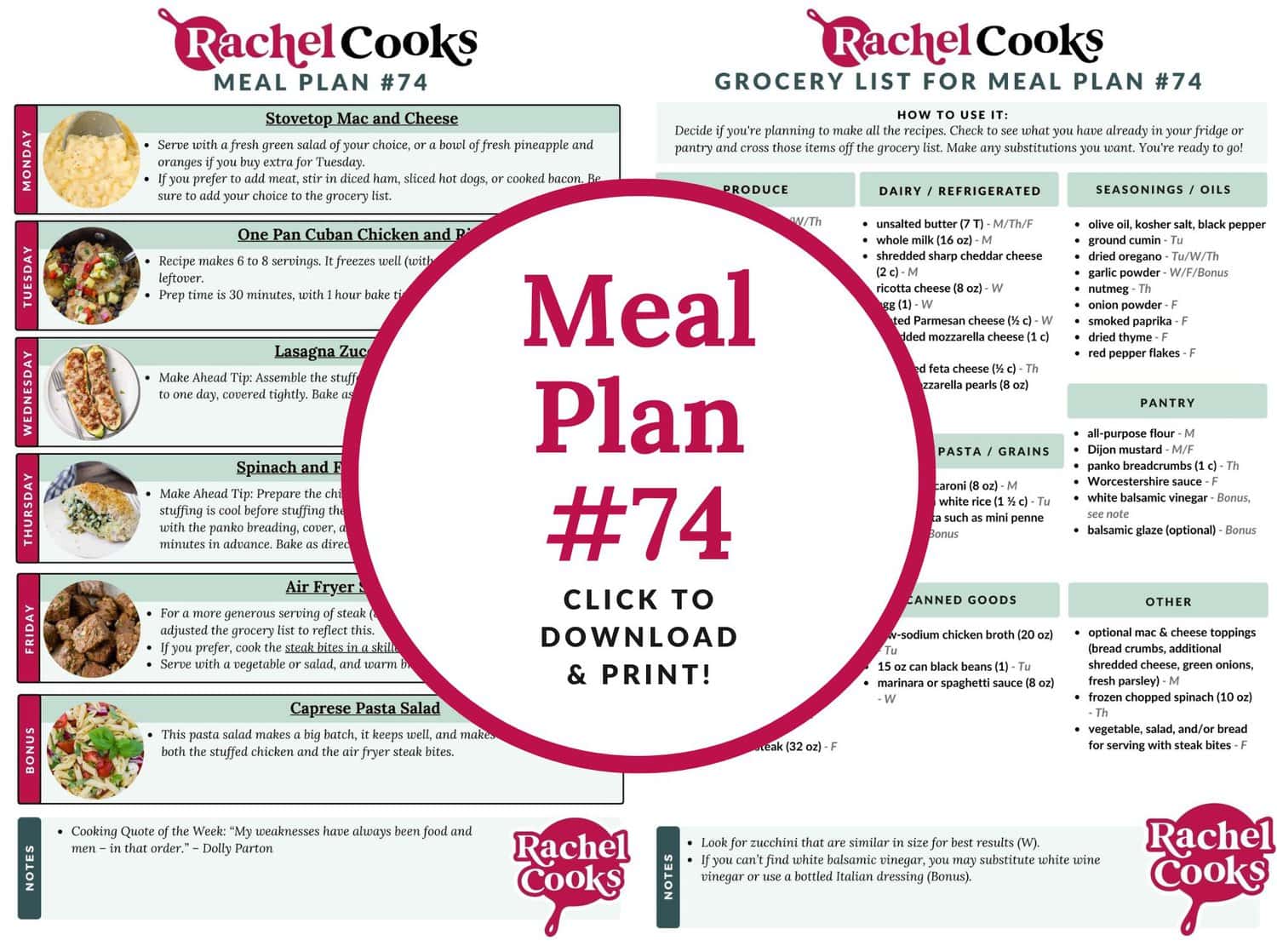 Meal plan 74 preview image showing both pages.