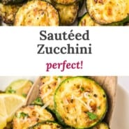 Sautéed zucchini Pinterest graphic with text and photos.