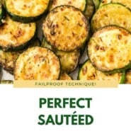 Sautéed zucchini Pinterest graphic with text and photos.