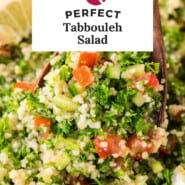 Tabbouleh salad Pinterest graphic with text and photos.