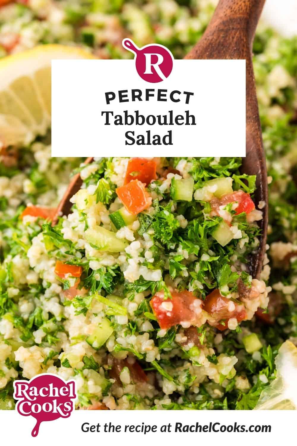 Tabbouleh salad Pinterest graphic with text and photos.