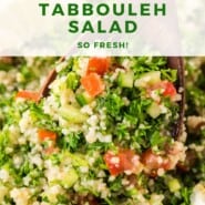 Tabbouleh salad Pinterest graphic with text and photos.