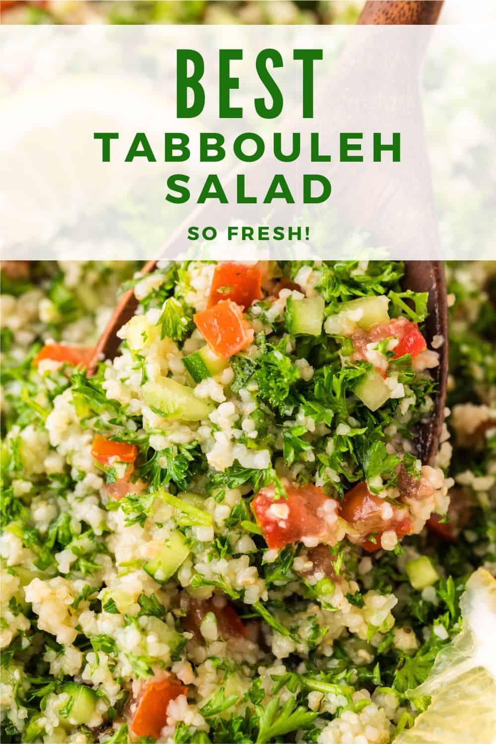 Tabbouleh salad Pinterest graphic with text and photos.