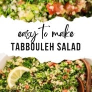Tabbouleh salad Pinterest graphic with text and photos.