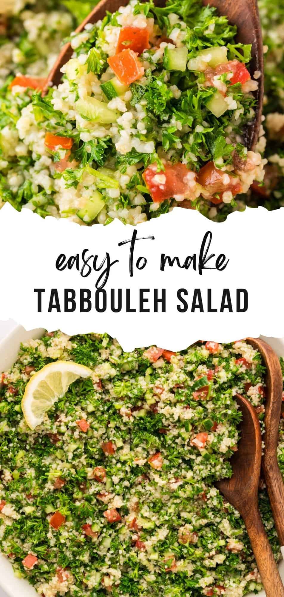 Tabbouleh salad Pinterest graphic with text and photos.
