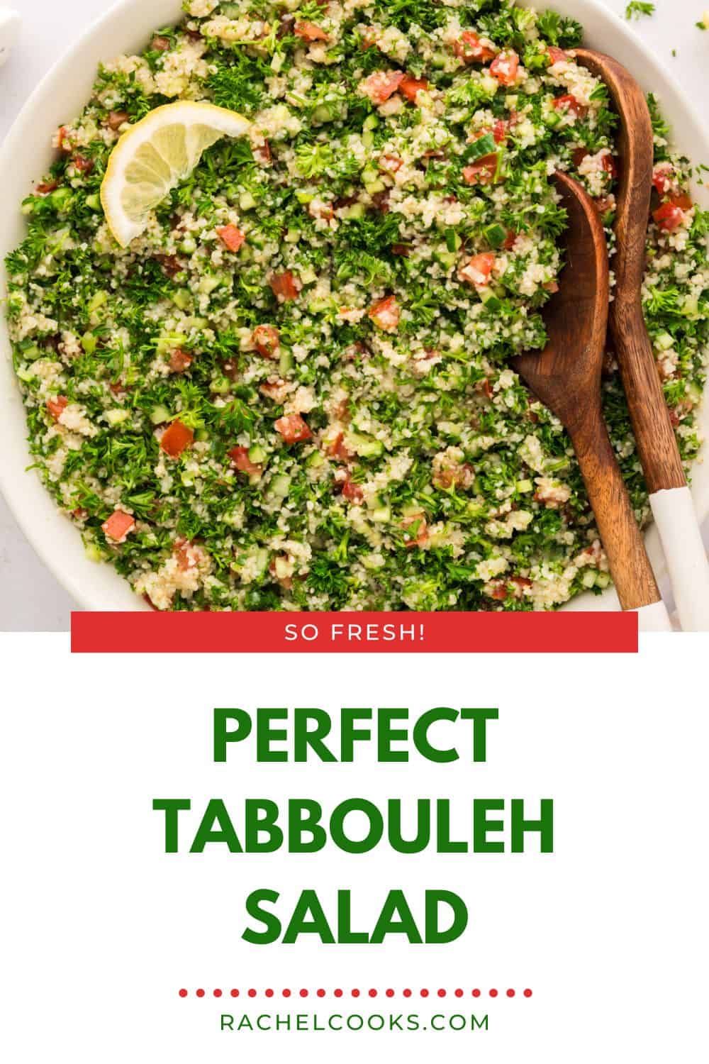 Tabbouleh salad Pinterest graphic with text and photos.