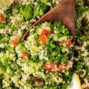 Tabbouleh salad Pinterest graphic with text and photos.