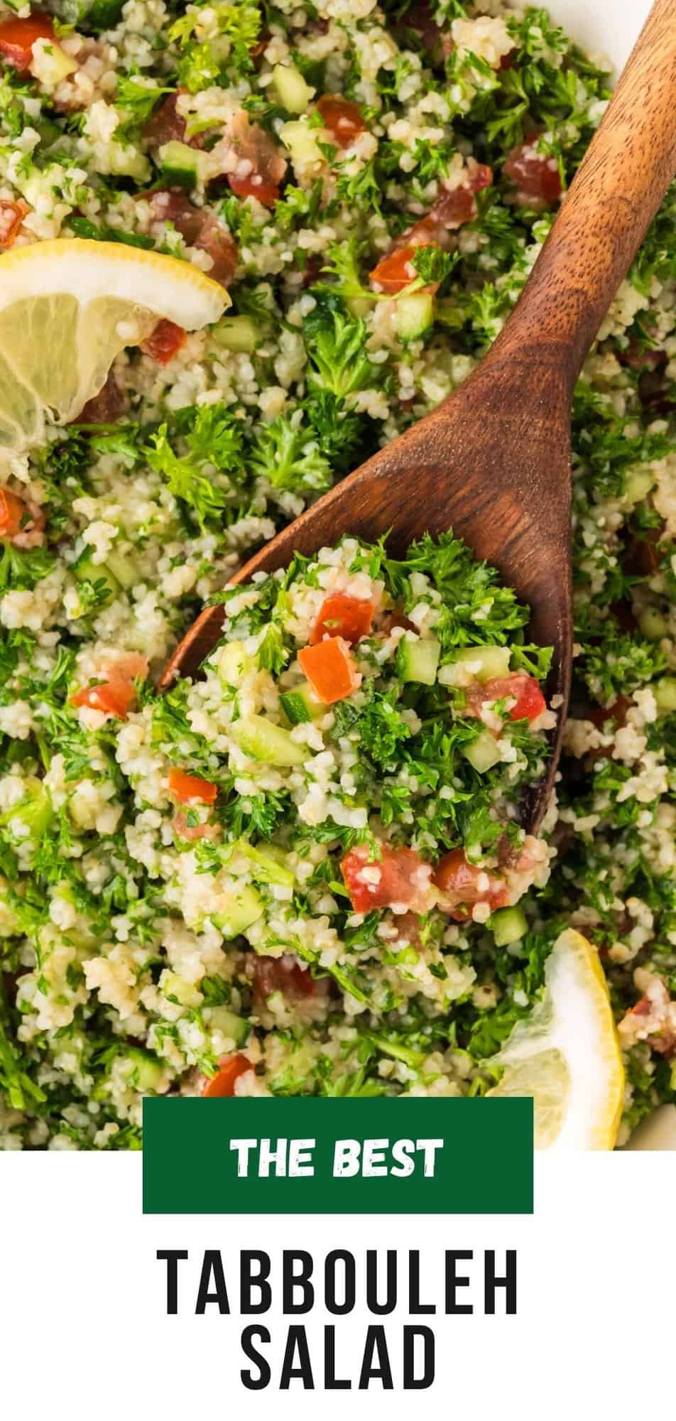 Tabbouleh salad Pinterest graphic with text and photos.