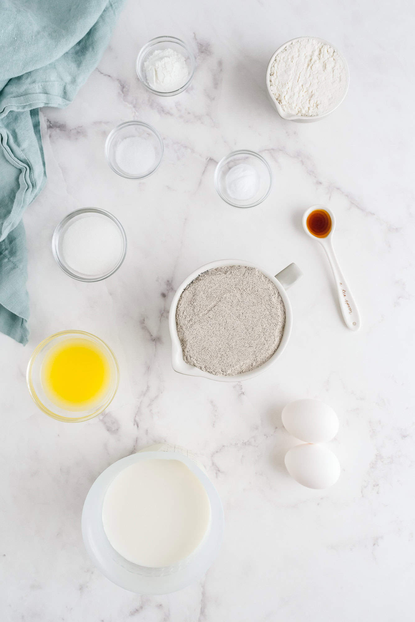 Overhead view of ingredients needed for buckwheat pancakes.