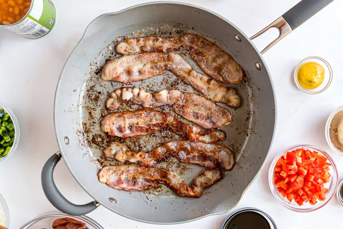 Bacon slices in a frying pan, partially browned and crispy.
