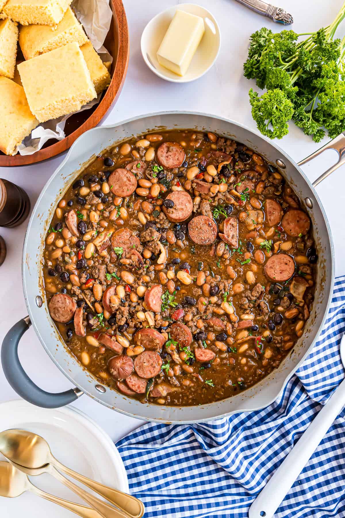 Ingredients all mixed together in a frying pan.