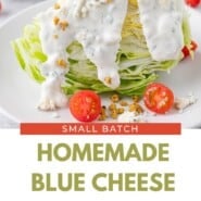 Blue Cheese Dressing Pinterest graphic with text and photos.
