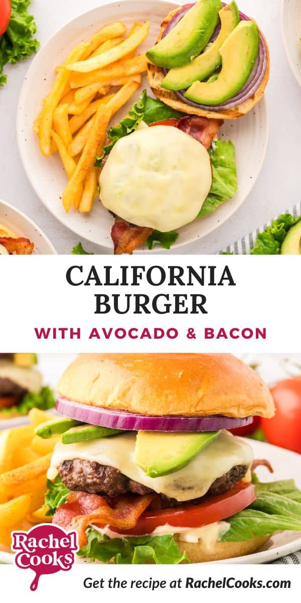 California Burger Pinterest graphic with text and photos.