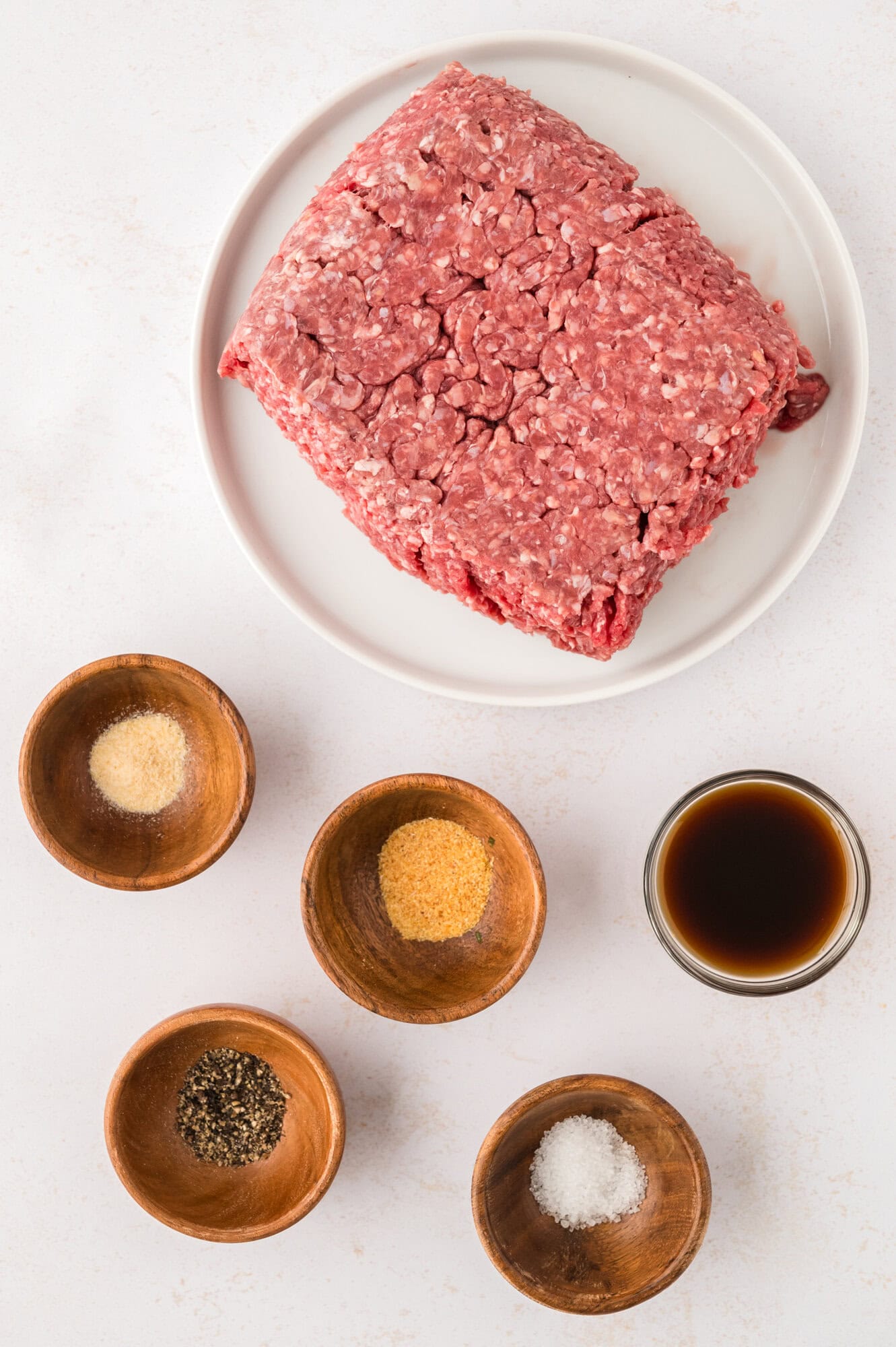 Burger ingredients, viewed from above.