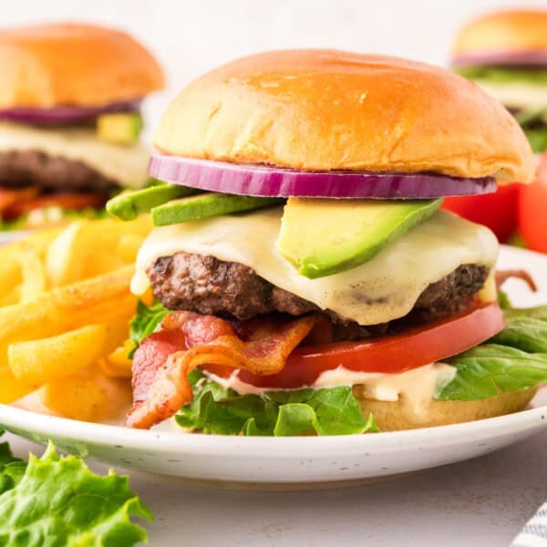 California burger on a brioche bun with toppings - avocado, tomato, bacon and more.