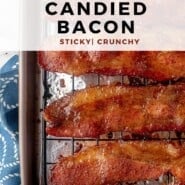 Candied Bacon Pinterest graphic with text and photos.