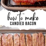Candied Bacon Pinterest graphic with text and photos.