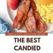 Candied Bacon Pinterest graphic with text and photos.
