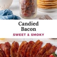Candied Bacon Pinterest graphic with text and photos.