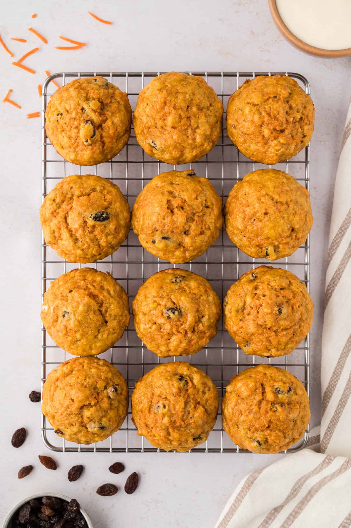 Muffins on wire cooling rack.