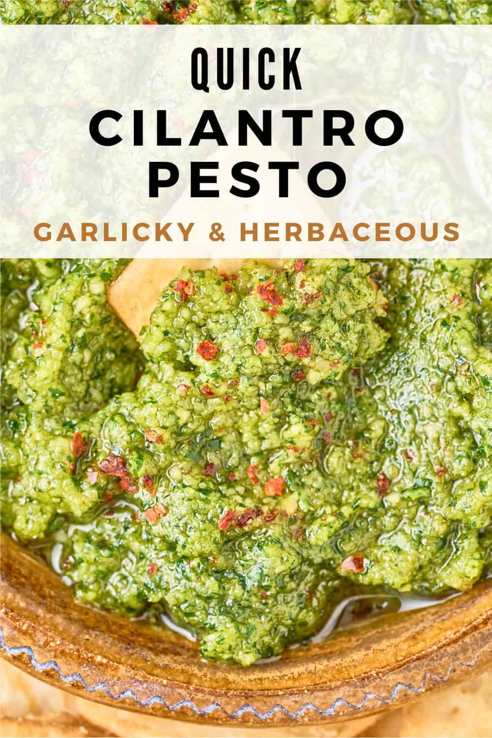 Cilantro Pesto Pinterest graphic with text and photos.