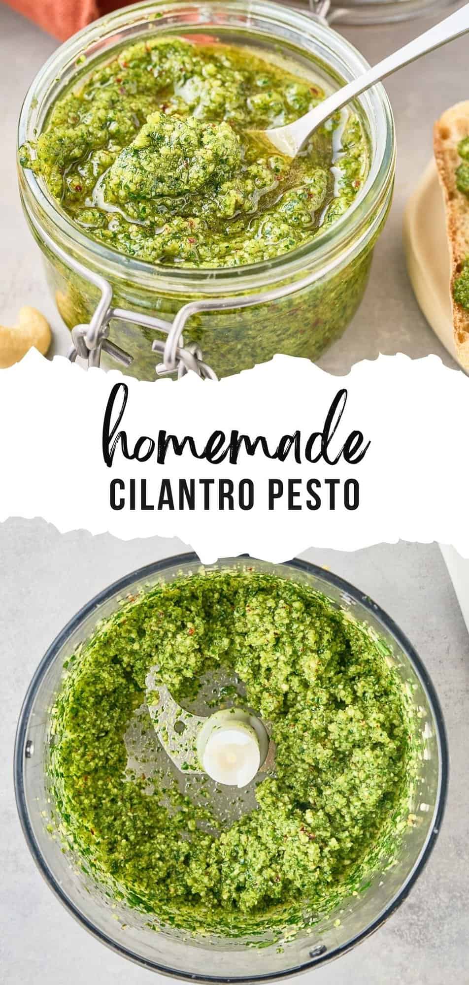 Cilantro Pesto Pinterest graphic with text and photos.