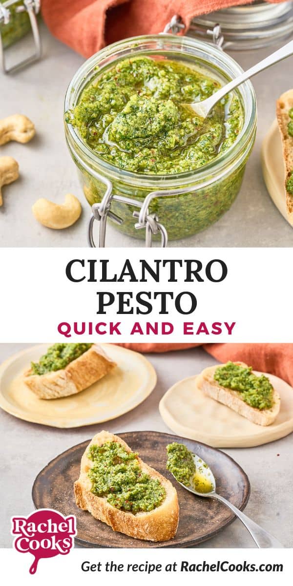 Cilantro Pesto Pinterest graphic with text and photos.