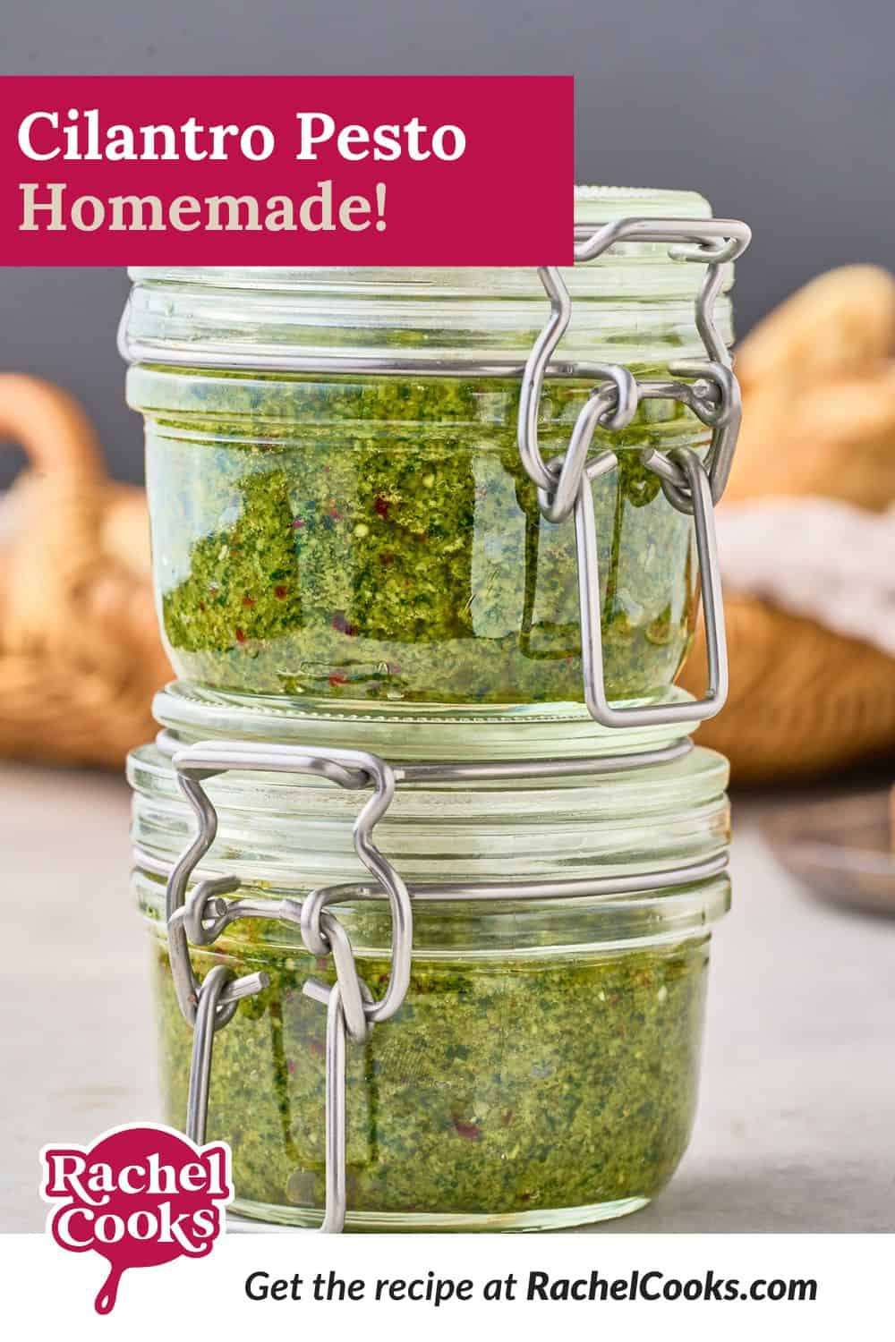 Cilantro Pesto Pinterest graphic with text and photos.