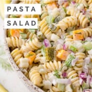 Dill Pickle Pasta Salad Pinterest graphic with text and photos.