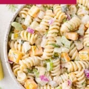 Dill Pickle Pasta Salad Pinterest graphic with text and photos.