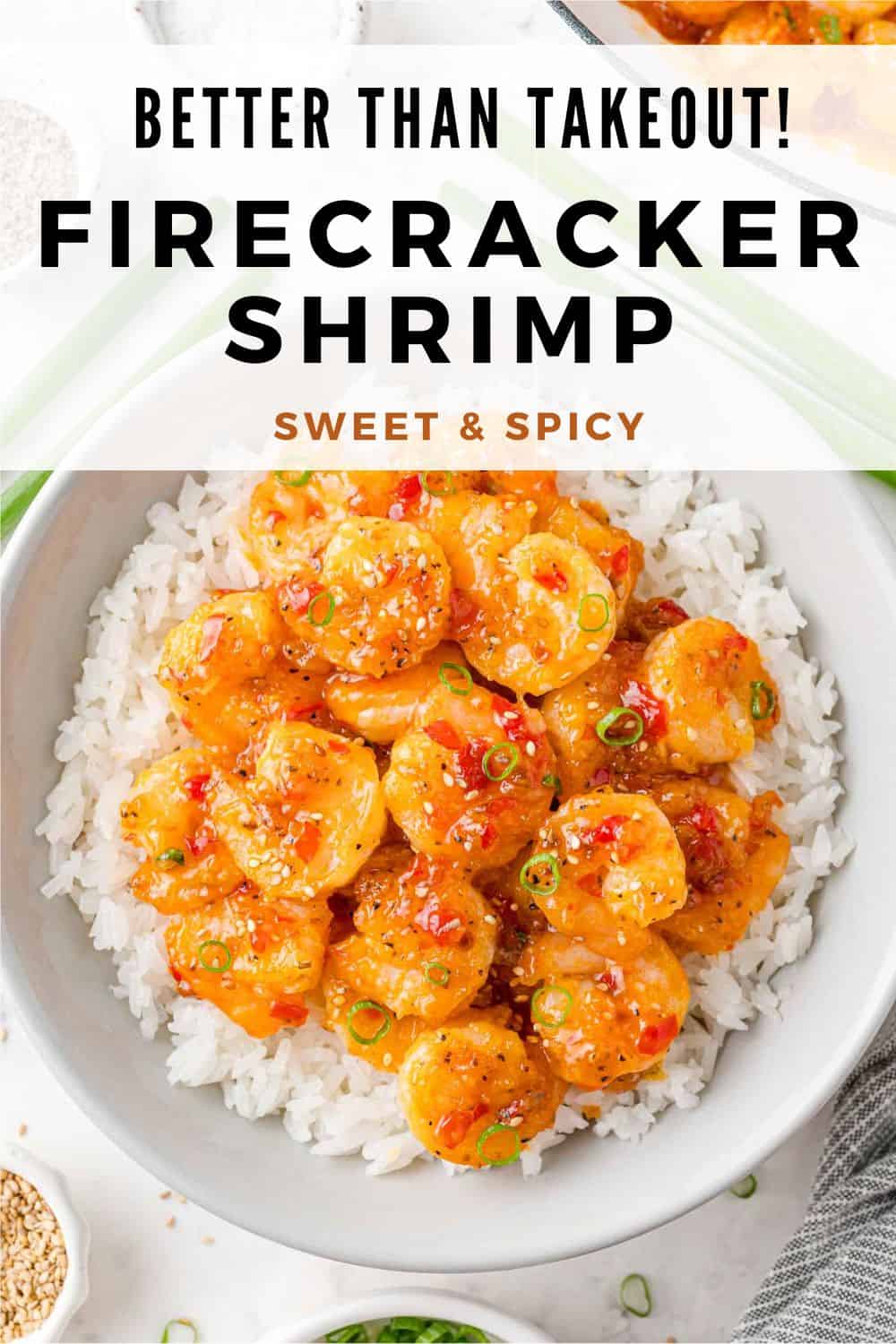 Firecracker Shrimp Pinterest graphic with text and photos.