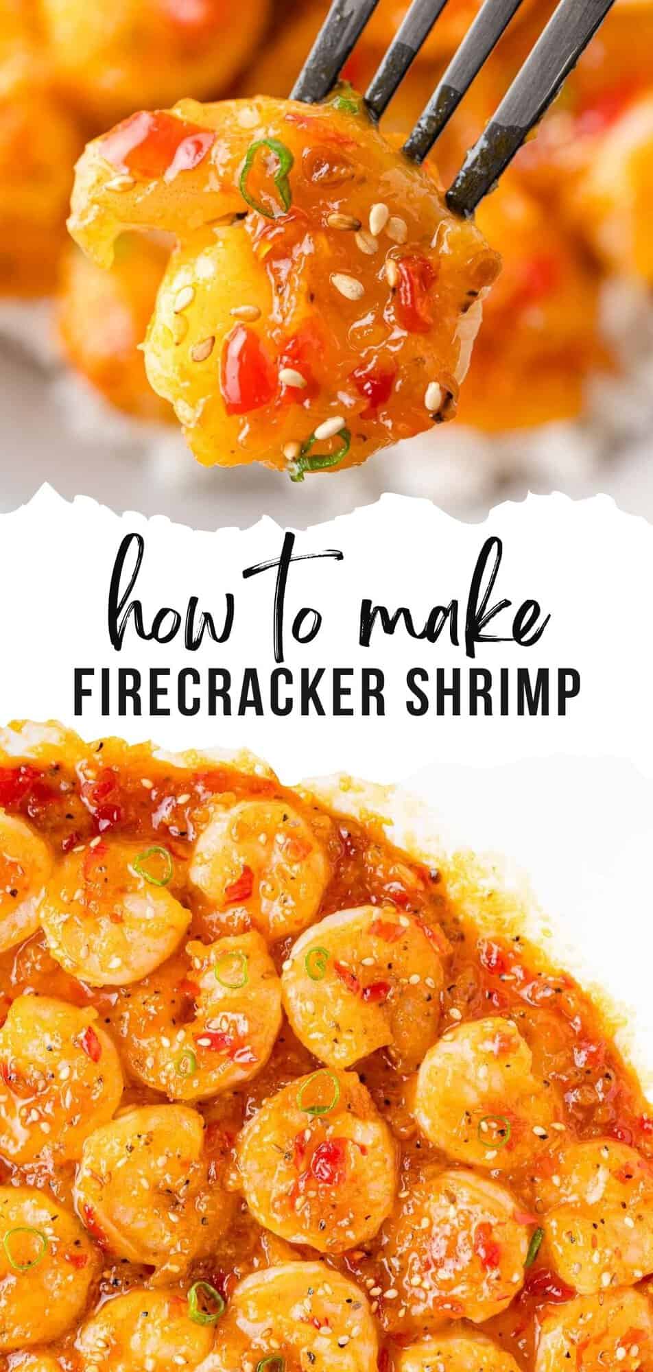 Firecracker Shrimp Pinterest graphic with text and photos.