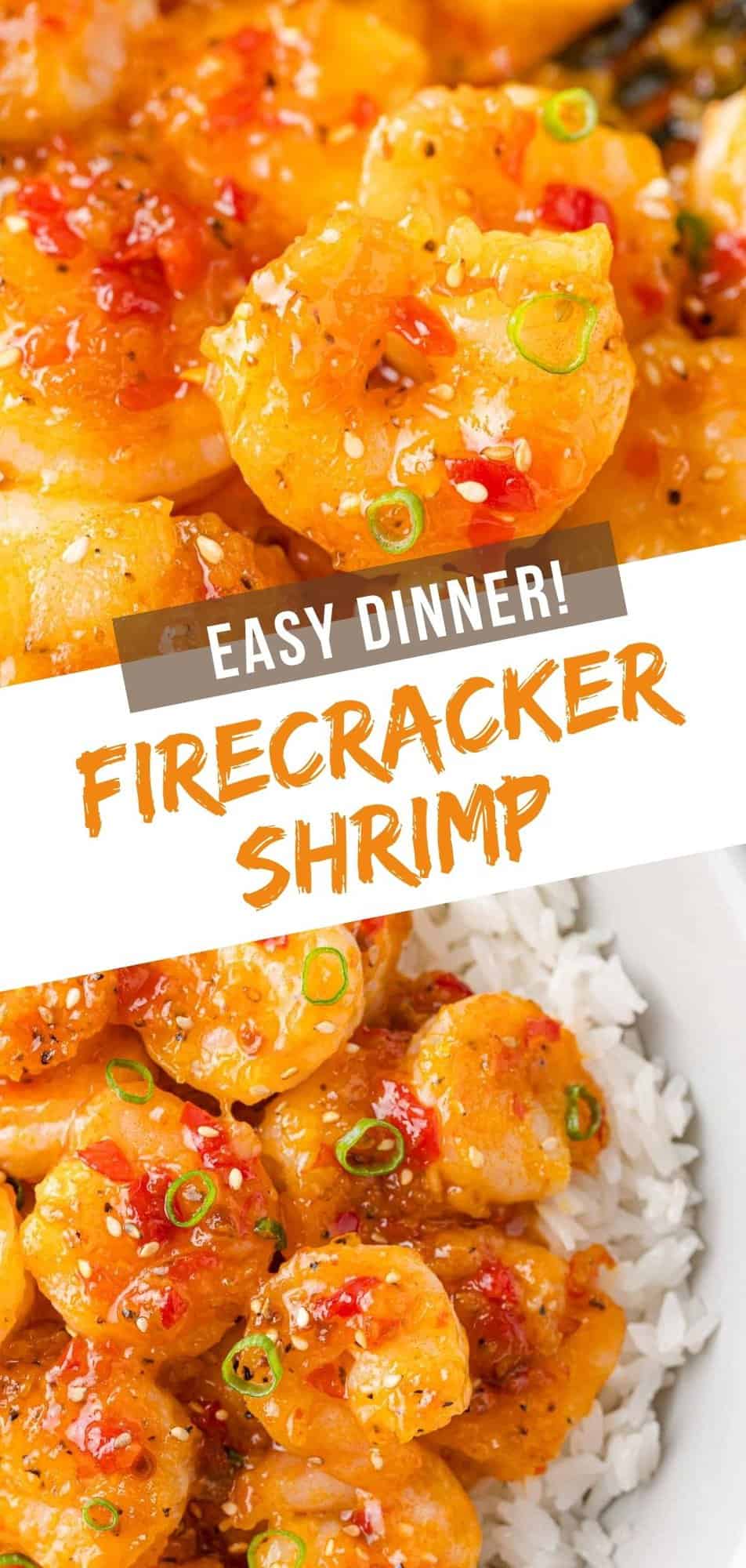 Firecracker Shrimp Pinterest graphic with text and photos.